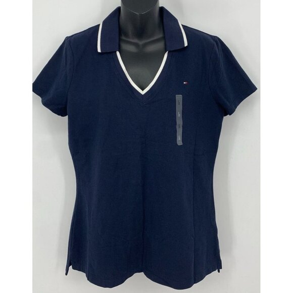 Tommy Hilfiger Top Size Large L Navy Collared Short Sleeve Logo Casual Women New - Picture 1 of 8